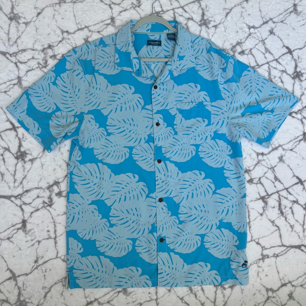 CARRIBEAN JOE Hawaiian Shirt Men's XL Blue Floral Print Lightweight Comfort